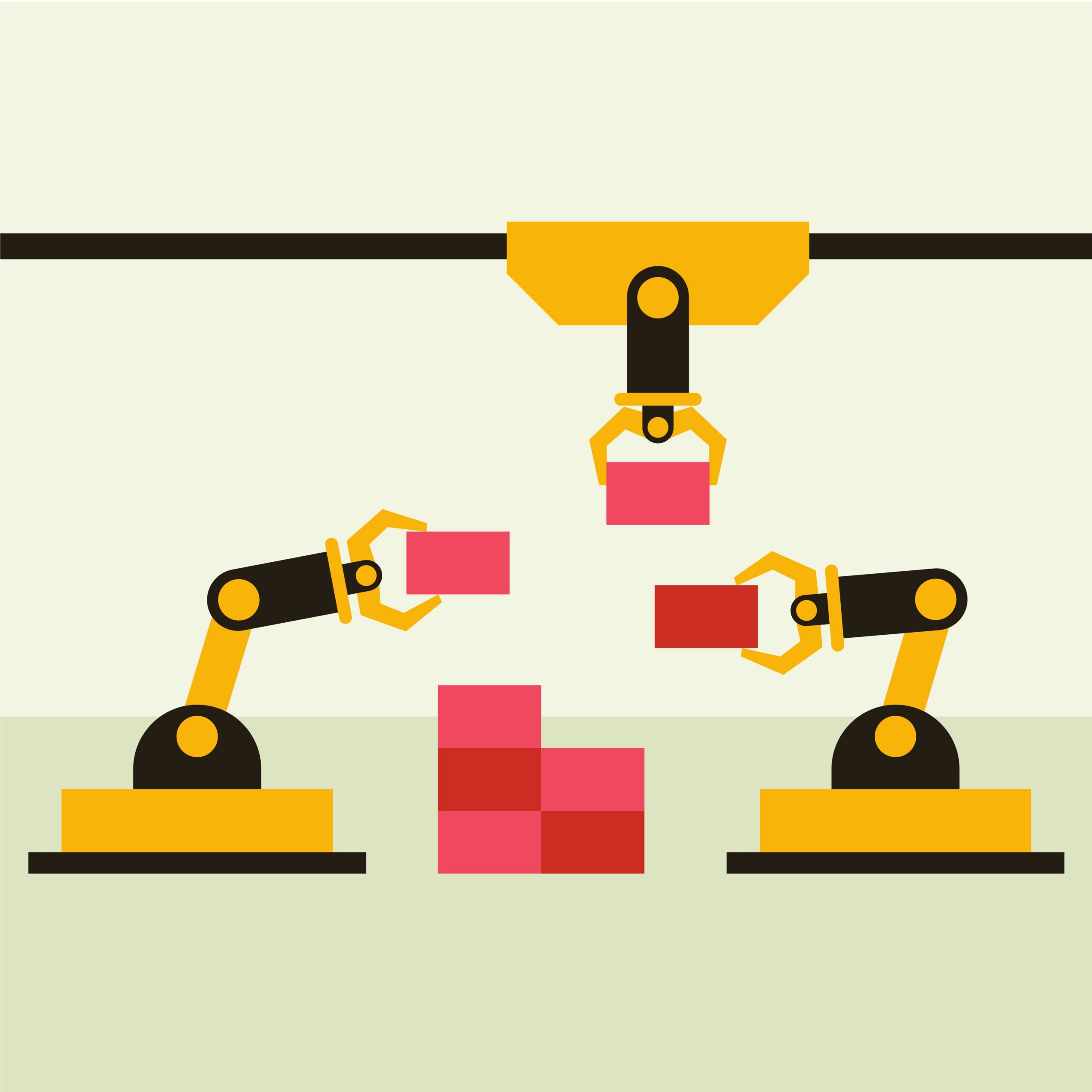 Flat-design illustration of three robotic arms assembling colored blocks on a production line, symbolizing configure-to-order manufacturing, variant assembly, and rule-based CPQ automation with SAP