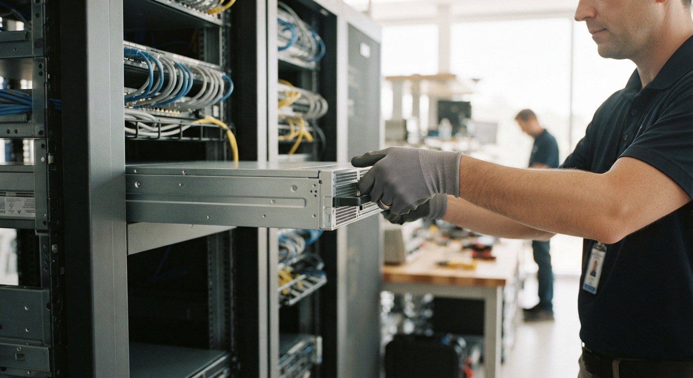 Technician sliding a server into a data center rack filled with network cabling, representing the infrastructure modernization behind event-driven lead-to-cash on SAP BTP and clean core ERP integration.