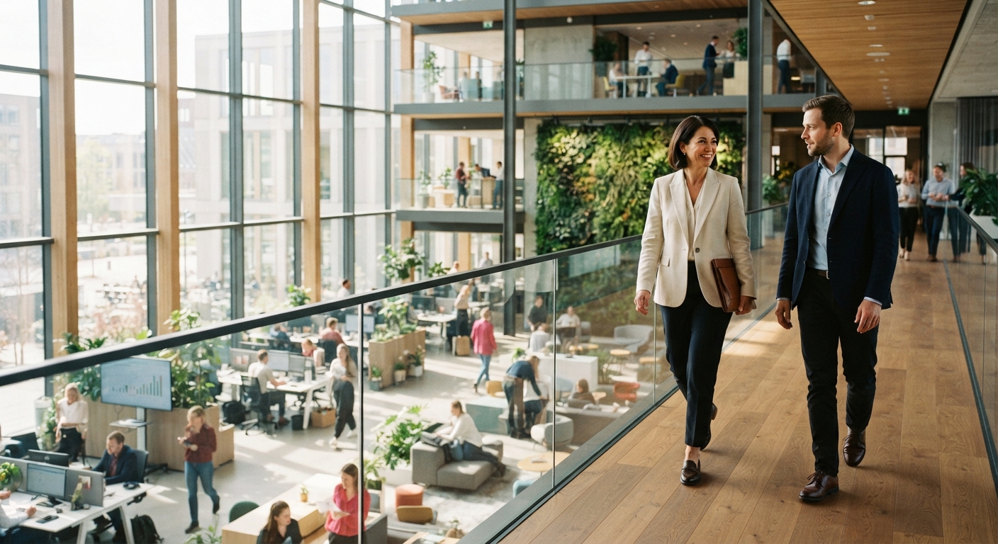 Two HR professionals walking through a bright modern office atrium with a living plant wall, representing the people processes behind SAP SuccessFactors onboarding and HR data governance