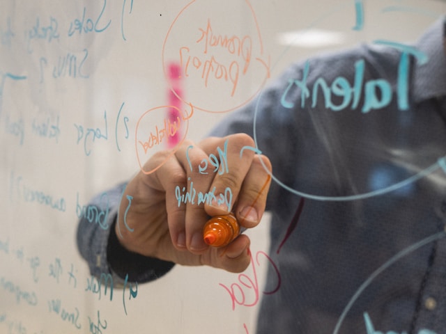 Business leader writing strategy notes and numbered decision points on a transparent glass board with an orange marker, representing SAP S/4HANA transformation planning