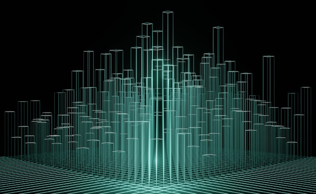 Wireframe 3D bar chart towers rising from a glowing digital grid, symbolizing decades of legacy SAP data being structured into a governed, AI-ready archive