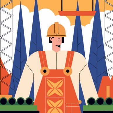 Flat illustration of an industrial worker in a hard hat and overalls standing before cranes and pipelines, representing frontline SAP users unaffected by S/4HANA go-live changes