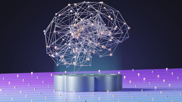 Wireframe neural network shaped like a human brain hovering above a metallic pedestal, symbolizing production-ready agentic AI built on trusted data for SAP landscapes