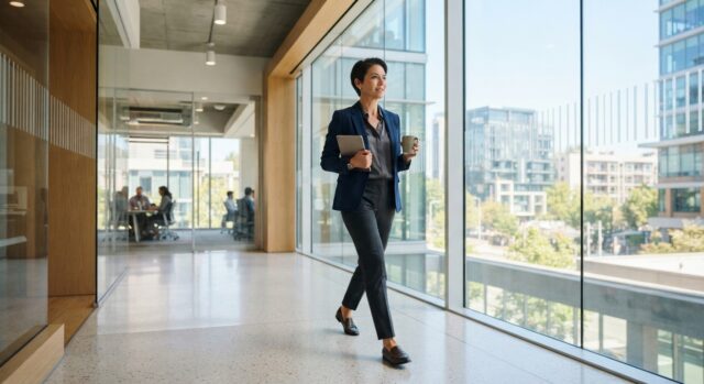 Business executive walking confidently through a bright glass-walled corporate office with a tablet and coffee, representing strategic focus in SAP large enterprise consulting
