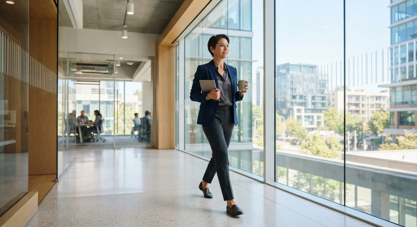 Business executive walking confidently through a bright glass-walled corporate office with a tablet and coffee, representing strategic focus in SAP large enterprise consulting