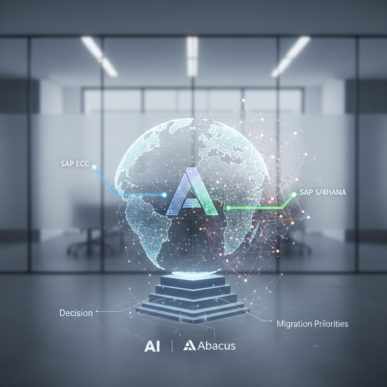 Holographic digital globe with the Abacus logo at its center, connected by lines labeled SAP ECC and SAP S/4HANA, resting on a stepped pedestal marked Decision and Migration Priorities, representing the AI-driven SAP ECC to S/4HANA migration choice.