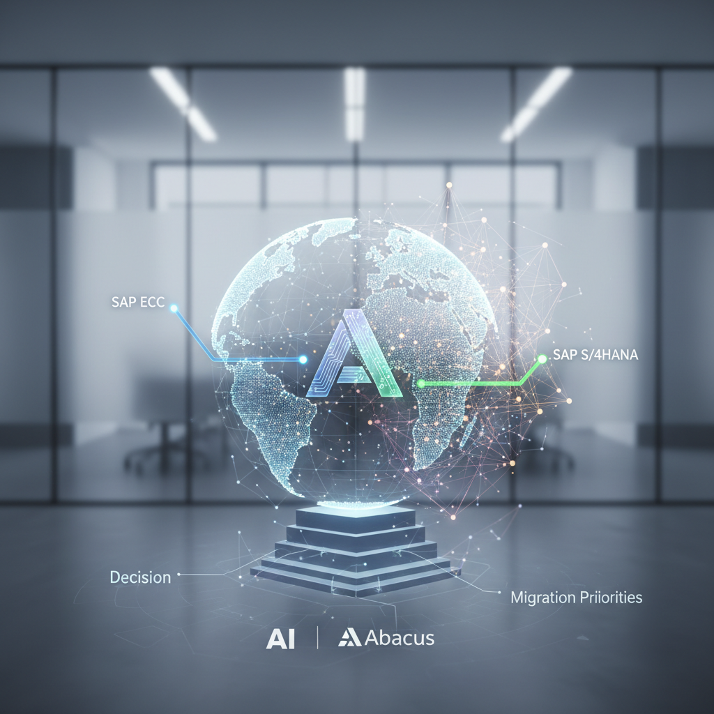 Holographic digital globe with the Abacus logo at its center, connected by lines labeled SAP ECC and SAP S/4HANA, resting on a stepped pedestal marked Decision and Migration Priorities, representing the AI-driven SAP ECC to S/4HANA migration choice.