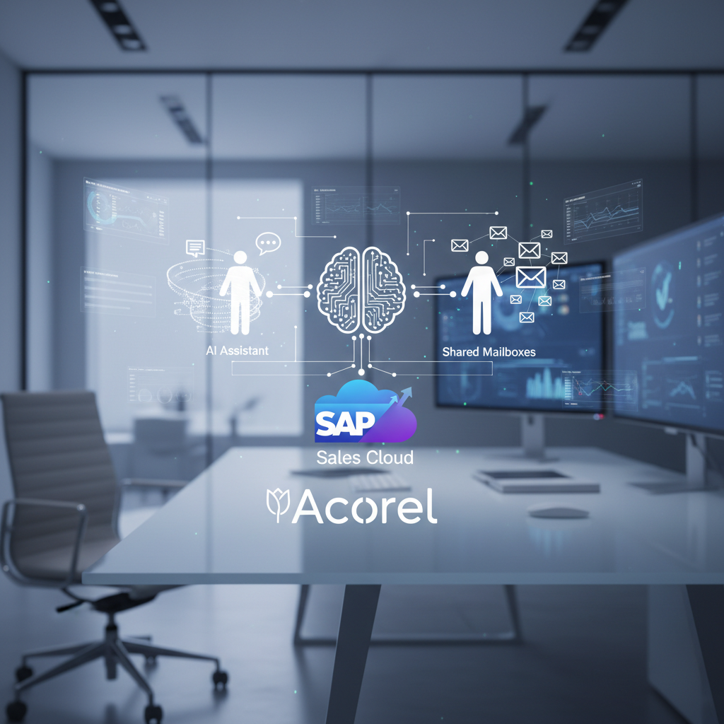 Digital circuit-board brain connecting an AI Assistant figure and a Shared Mailboxes figure surrounded by email icons, linked to the SAP Sales Cloud logo above the Acorel wordmark in a modern glass-walled office, illustrating AI-driven CRM data capture.
