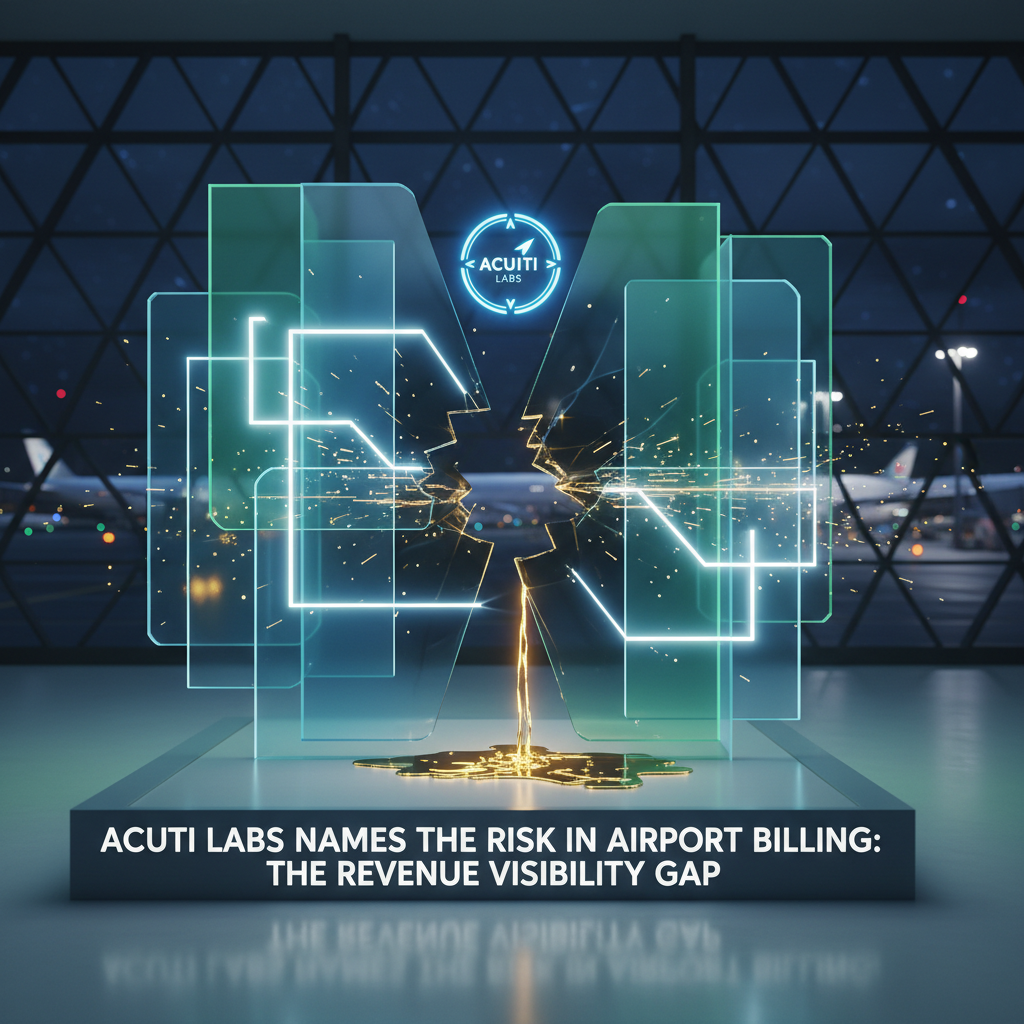 Fractured glass panels split down the middle with golden revenue leaking through the crack and pooling below, set against an airport terminal window with aircraft on the tarmac, beneath the Acuiti Labs emblem, illustrating the Revenue Visibility Gap in airport billing systems.