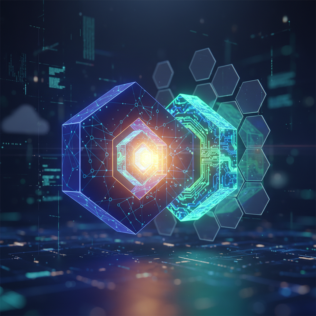 Glowing interconnected hexagons with network nodes and circuit patterns representing the Tabnine Enterprise Context Engine knowledge graph inside the Tricentis Agentic Quality Engineering Platform for SAP testing