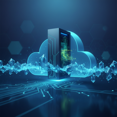 Glowing enterprise server tower with circuit pathways merging into a luminous cloud icon, representing SAP Cloud ERP Private workloads migrating to IBM Power Virtual Server