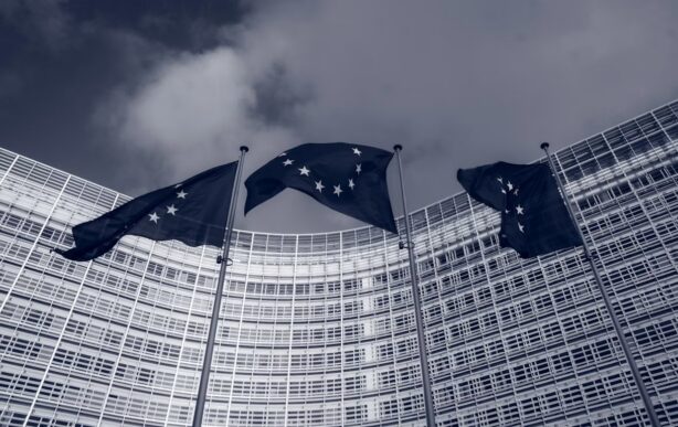 European Union flags outside the European Commission’s Berlaymont building in Brussels, representing Article 50 EU AI Act transparency rules.