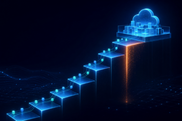 A rising staircase of glowing cost tiers climbing toward a cloud ERP platform, with a sharp step-up between tiers highlighted, representing the Full User Equivalent pricing cliff and the hidden RISE with SAP cost drivers The Baer Group warns CIOs to model before signing.
