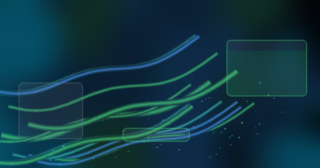 A photorealistic visual of upward-sweeping green and blue light trails crossing a dark server-room background, with translucent interface overlays showing legacy on-prem roles migrating into a secure RISE with SAP cloud environment.