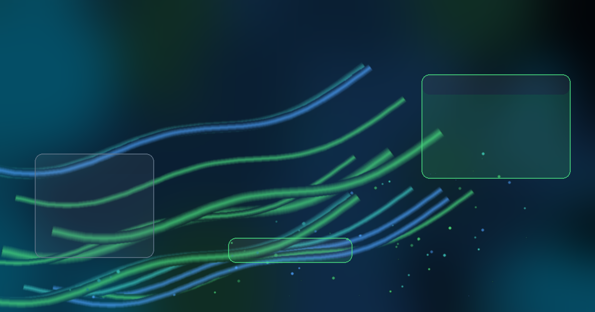 A photorealistic visual of upward-sweeping green and blue light trails crossing a dark server-room background, with translucent interface overlays showing legacy on-prem roles migrating into a secure RISE with SAP cloud environment.