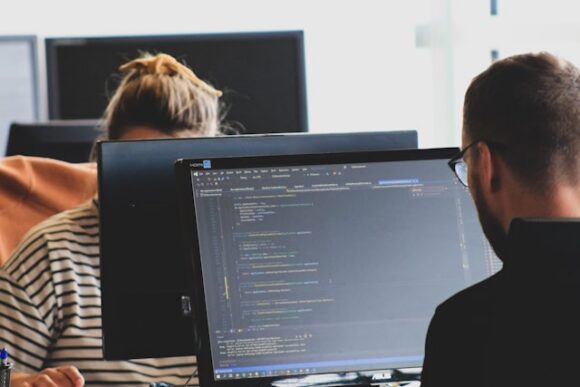 wo enterprise software professionals reviewing code on a monitor in an office setting.