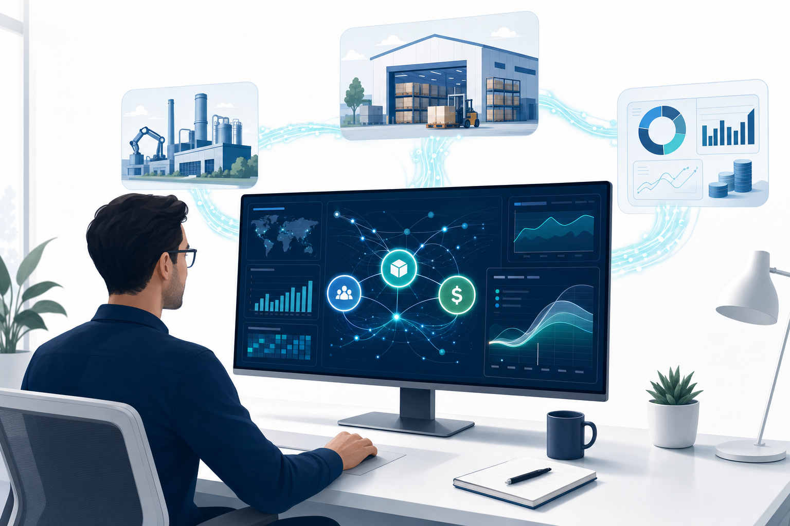 A supply chain planner reviewing a unified SAP IBP Planner Workspace that connects demand, supply, and finance data as linked glowing nodes, with a factory, warehouse, and finance dashboard connected by real-time data flows, representing the SAP IBP 2605 release.