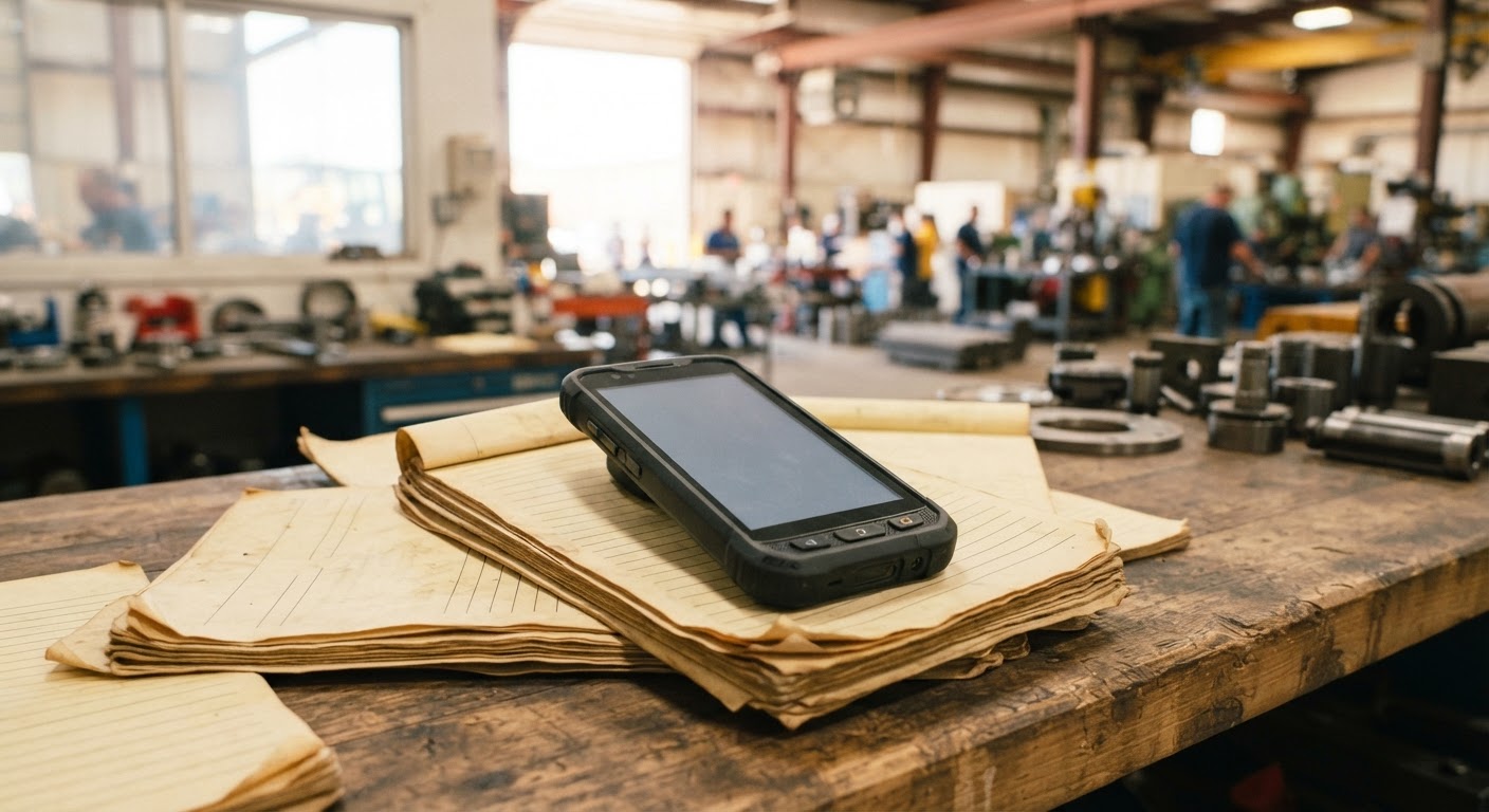 Rugged mobile device resting on a stack of worn paper maintenance forms on a workbench in an industrial plant, representing SAP Plant Maintenance mobile execution replacing clipboard-based data capture