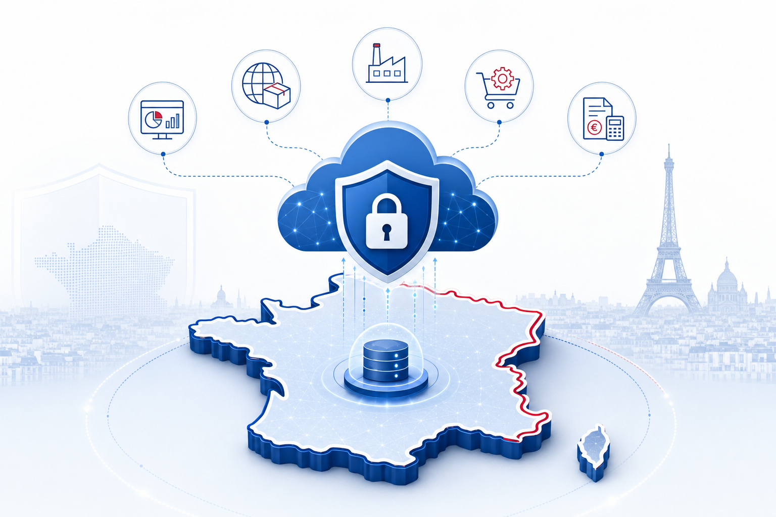 A secure cloud platform protected by a shield and lock above a stylized map of France, with a core ERP system and finance, supply chain, manufacturing, and procurement icons flowing into it, representing SAP RISE running on the S3NS sovereign trusted cloud.