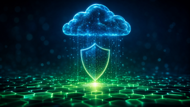 A glowing blue cloud representing SAP Business Technology Platform sending streams of data down through a luminous protective shield onto a green hexagonal infrastructure foundation, symbolizing AI governance, data residency, and the private hybrid Kubernetes runtime where SUSE AI operates beneath SAP Edge Integration Cell.
