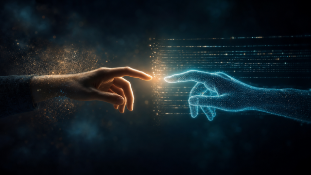 A human hand and a glowing digital AI hand reaching toward each other as scattered particles resolve into orderly aligned rows of light, symbolizing AI as a co-pilot that clarifies SAP S/4HANA migration complexity while humans retain accountability for design decisions.