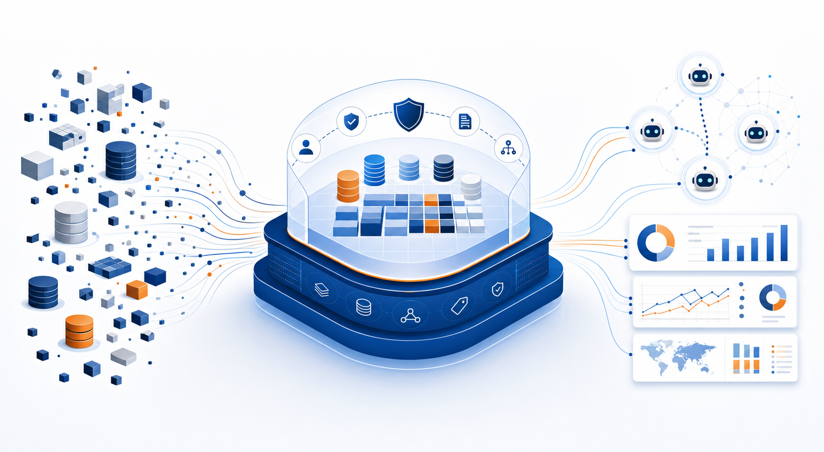 Fragmented, siloed data sources on the left flowing into a central governed data foundation that unifies them into structured data products, feeding AI agents and analytics dashboards on the right, representing SAP Business Data Cloud on Databricks.