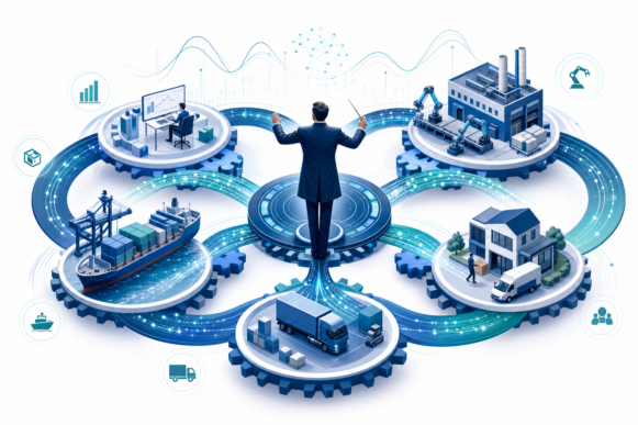 A central orchestration hub synchronizing supply chain stages shown as connected gears and flowing rings for planning, factory production, logistics with ships and trucks, and delivery, linked by real-time data streams into one adaptive loop, representing SAP IBP supply chain orchestration.