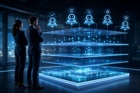 Two business professionals observing a glowing multi-layered digital platform with AI agents connecting upward from a solid luminous foundation layer, representing SAP BTP as the governed foundation of the SAP Business AI Platform.