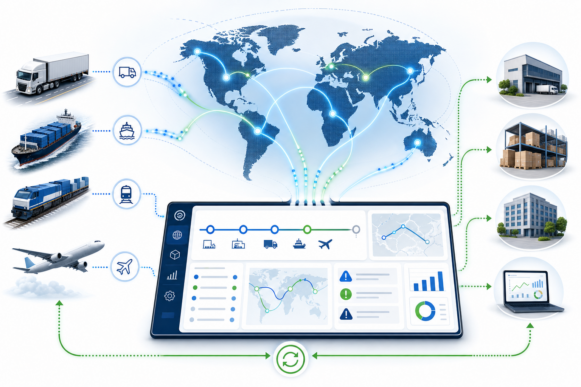 A logistics visibility hub on a world map with truck, ship, plane, and rail carrier icons streaming real-time tracking data into a unified SAP dashboard showing shipment milestones and alerts, with data flowing back to warehouses and offices, representing ShipGTT for SAP BN4L.