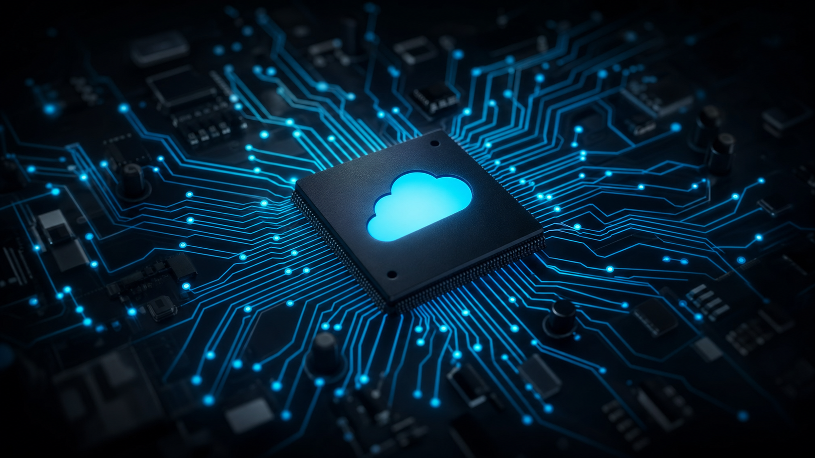 A glowing blue cloud icon etched into a dark microchip at the center of a circuit board, with teal circuit traces radiating outward, representing the shift from SAP Solution Manager and ChaRM to cloud-based application lifecycle management as 2027 support ends.
