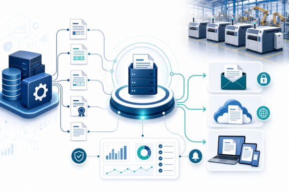 A centralized SAP output management hub receiving documents from a core ERP system and routing purchase orders, delivery notes, and certificates to a fleet of industrial printers, secure email, and cloud distribution, representing certified SAP output management.