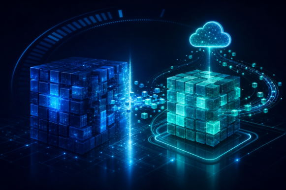 A single glowing enterprise ERP core splitting cleanly into two independent cloud systems against a countdown backdrop, representing an SAP S/4HANA carve-out that achieves operational independence within a Transition Service Agreement timeline.