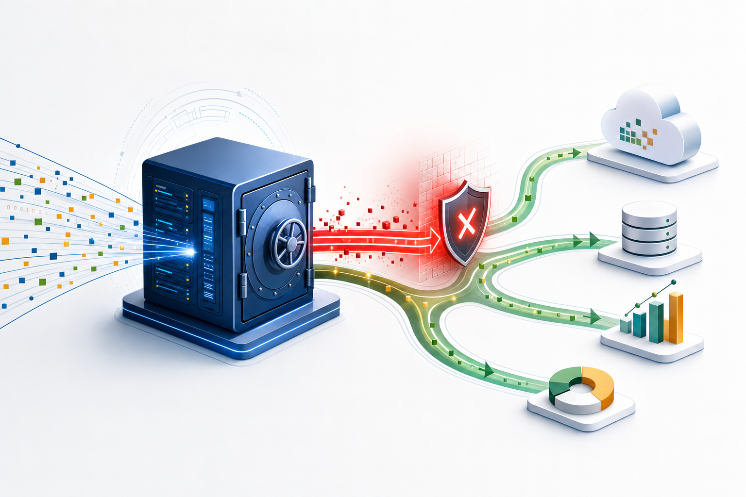 A secure SAP data vault sending data streams outward, with one red ODP-RFC pathway blocked by a security shield and alternative green compliant pathways routing data safely to cloud, database, and analytics platforms, representing SAP Note 3255746.