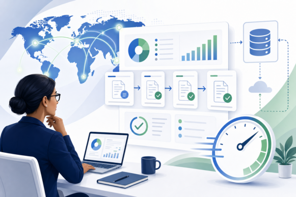 A finance professional reviewing a global payments and invoice automation dashboard, with a world map showing cross-border payment flows, an automated invoice approval pipeline, and a fast-close speedometer, connected to a core SAP ERP system, representing SAP S/4HANA AP automation.