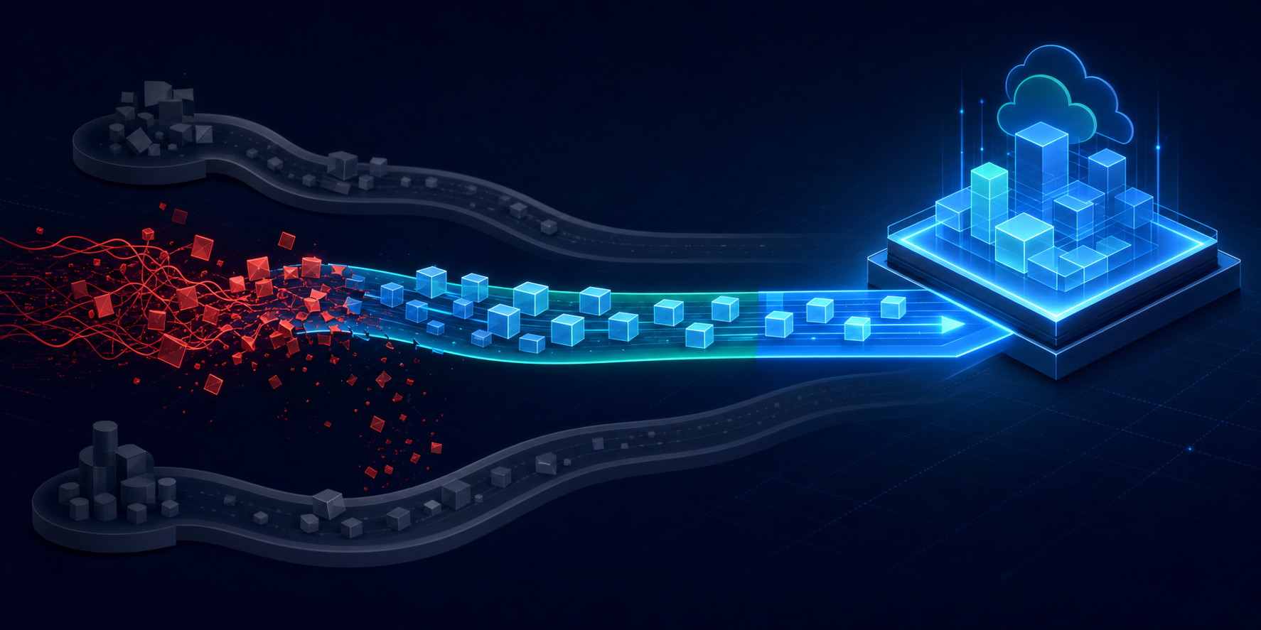 Three glowing pathways converging on a clean, modern data platform, with the middle path carrying selected data blocks forward while discarded legacy code falls away, representing Visionsoft's Bluefield selective-data-transition approach to migrating to SAP S/4HANA.