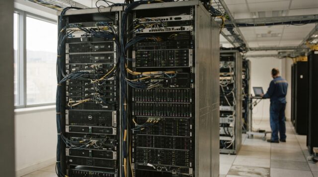 IT technician managing on-premise server racks in an enterprise data center, representing the hybrid infrastructure foundation required for SAP Business Data Cloud, SAP HANA workloads, and agentic AI readiness.