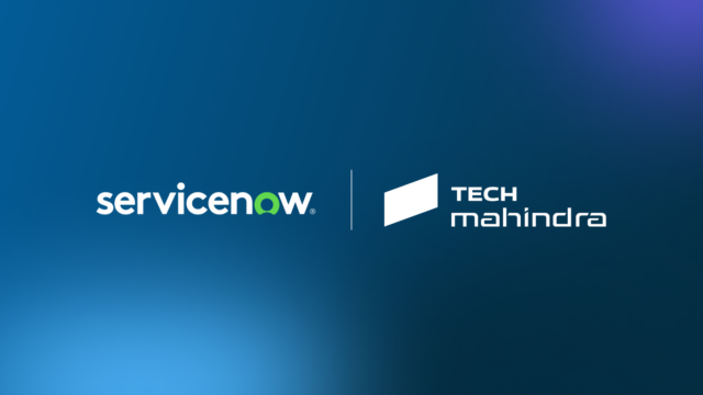 ServiceNow and Tech Mahindra logos side by side on a blue gradient background, representing the expanded partnership to deliver production-ready enterprise AI at scale alongside SAP landscapes