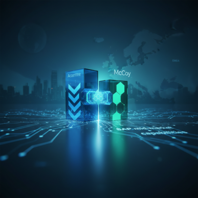 Abstract digital illustration depicting interconnected data networks and a flowing stream of information against a dark blue background.