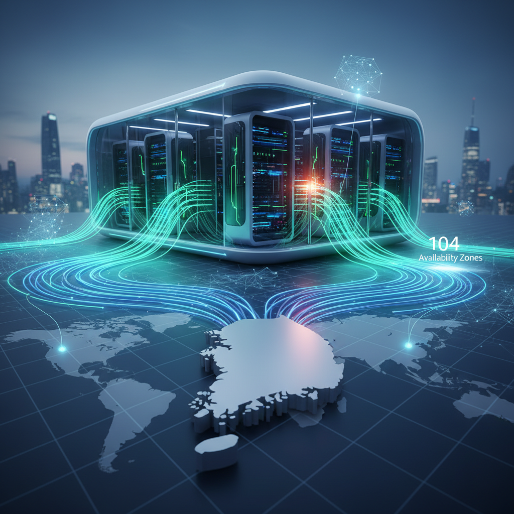 Modern, sleek server racks in a brightly lit, expansive data center interior, representing global network infrastructure.