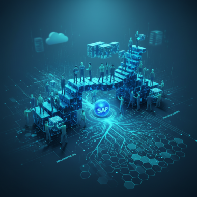 A diverse team of skilled technology professionals collaboratively reviewing complex SAP system architecture diagrams on a large, glowing blue interface.