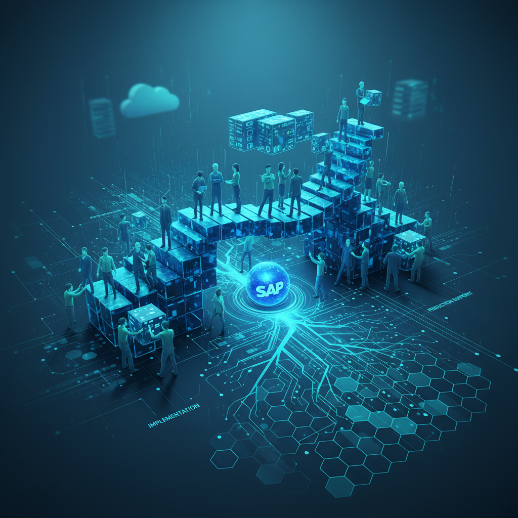 A diverse team of skilled technology professionals collaboratively reviewing complex SAP system architecture diagrams on a large, glowing blue interface.