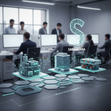 Abstract digital landscape with intertwined data streams representing phased implementation and digital transformation in enterprise software.