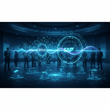 A modern, conceptual image showing interconnected digital frameworks and a subtle representation of generative AI, symbolizing the adoption of SAP Joule technology