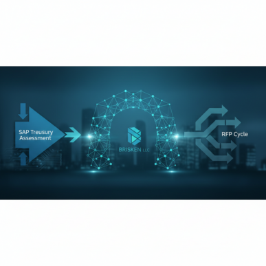 A digital display with a stylized BRISKEN logo and interconnected nodes representing data flow, set against a backdrop of modern architectural elements in blue and teal hues.