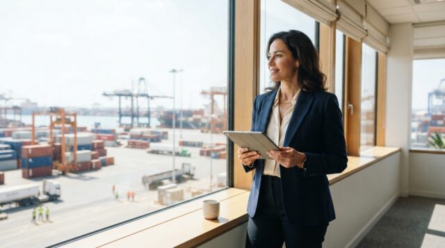 Finance executive reviewing real-time data on a tablet while overlooking a busy shipping port, representing governed agentic AI giving the Office of the CFO auditable insight into operations running on SAP ERP