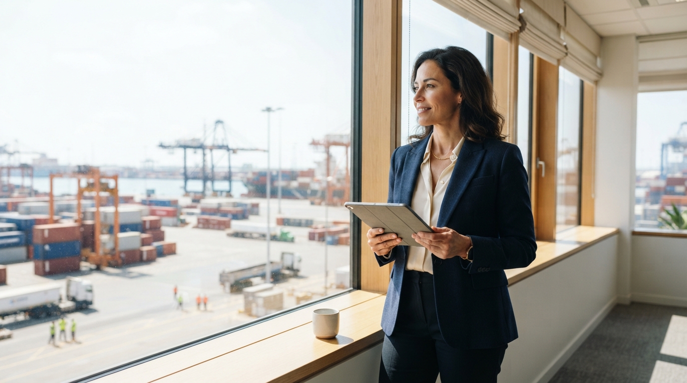 Finance executive reviewing real-time data on a tablet while overlooking a busy shipping port, representing governed agentic AI giving the Office of the CFO auditable insight into operations running on SAP ERP