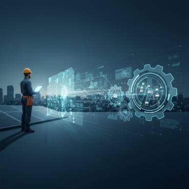 A sophisticated network of glowing data lines connecting stylized worker icons in a deep blue digital environment.