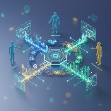 Abstract digital network illustration showing interconnected nodes representing supply chain, payments, and financing within enterprise software.