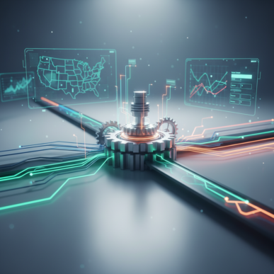 Abstract digital visualization of connected gears and data streams, representing efficient, integrated payroll tax calculation.
