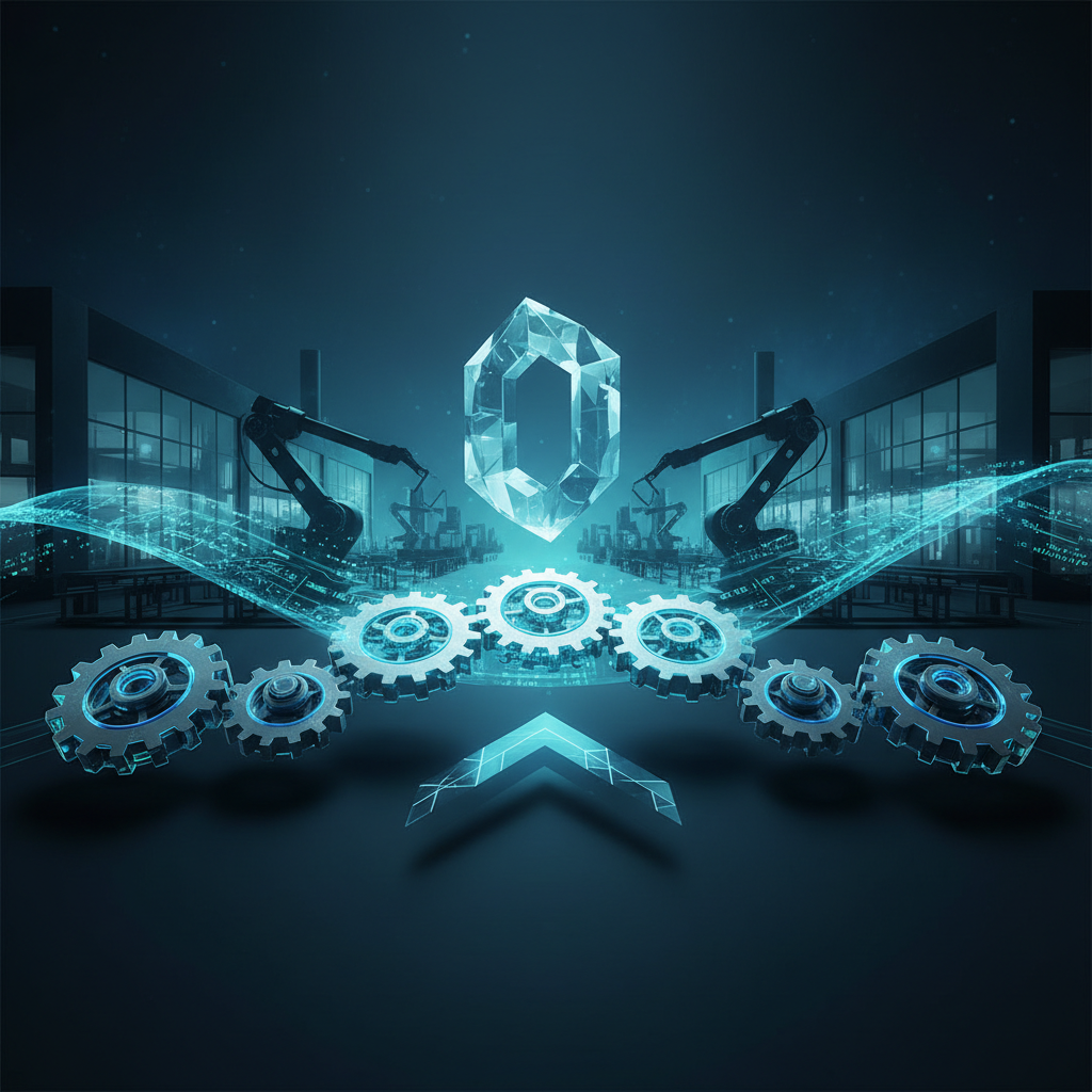 Abstract digital factory floor, interconnected machinery, data flows, and manufacturing processes symbolized